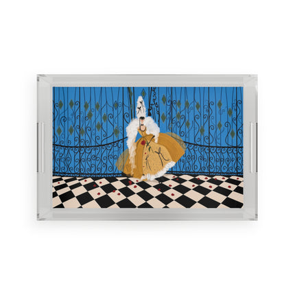🎭🌹 The Lady At The Masquerade Gates Acrylic Serving Tray – Art Deco Fashion Illustration