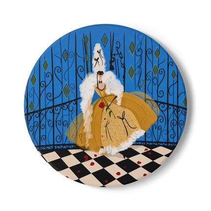 🎭🌹 The Lady At The Masquerade Gates Ceramic Coaster – Art Deco Fashion Illustration