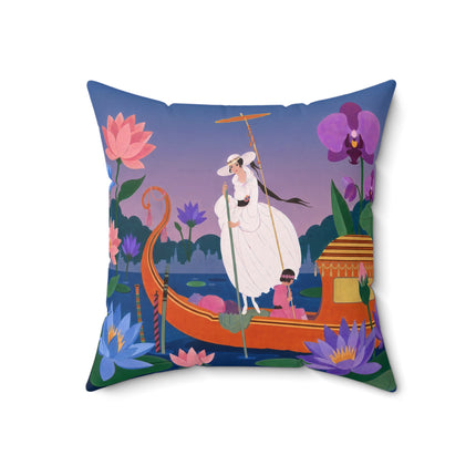 🪷🛶 The Lady Of The Lotus Lake Square Pillow – Art Deco Garden Voyage