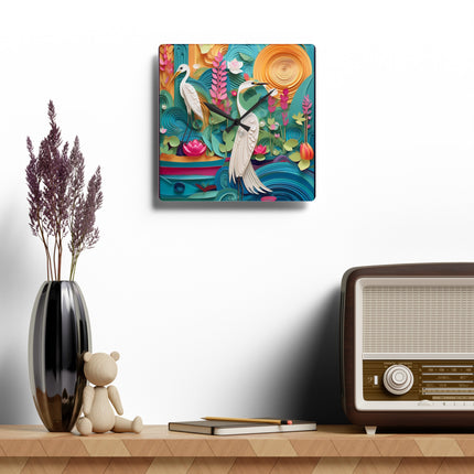 Elegant Egret Oasis Acrylic Wall Clock, Square