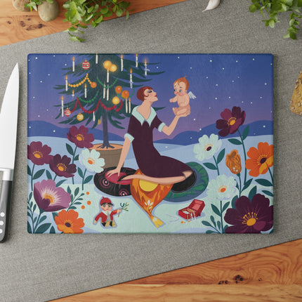 👼🎄 Christmas Angel's First Noel Glass Cutting Board – Whimsical Holiday Fantasy