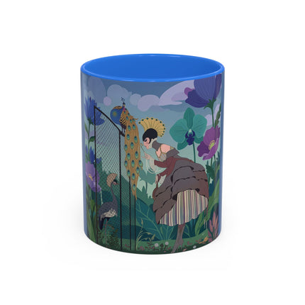 The Lady And The Enchanted Heron Colorful Mugs – Art Deco Botanical Elegance