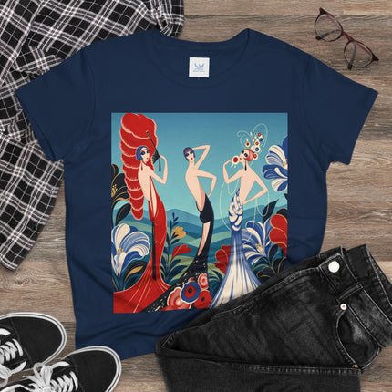 🌹🎭 The Three Ladies Of The Floral Promenade Cotton Tee – Art Deco Fashion Elegance