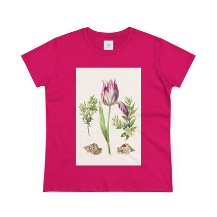 Tulip flower with Two Branches of Myrtle and Shells Cotton Tee