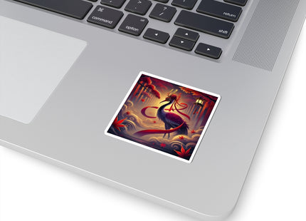 Regal Crimson Crane in the Autumn Mist Kiss-Cut Stickers (4 Sizes)