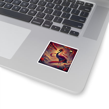 Regal Crimson Crane in the Autumn Mist Kiss-Cut Stickers (4 Sizes)