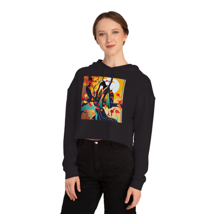 Black Cat in Kimono Women’s Cropped Hooded Sweatshirt