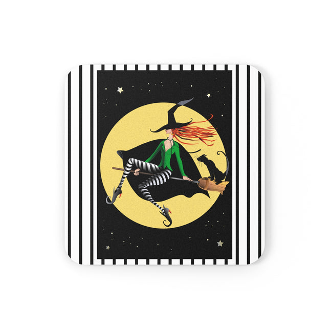 A Witch’s Moonlit Flight Cork Back Coaster
