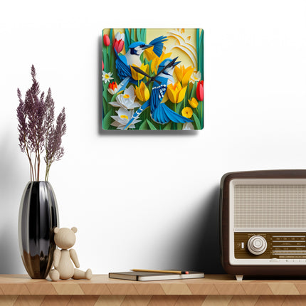 Blue Jays in a Spring Garden Acrylic Wall Clock, Round and Square