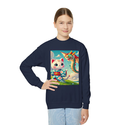 Geisha Kitten and the Dragon Kite Youth Crewneck Sweatshirt – Freedom, Motion & Playful Spirit