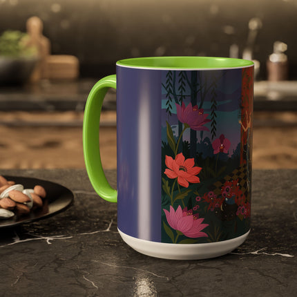 The Lady And The Midnight Birdcage Colorful Mugs – Art Deco Botanical Elegance