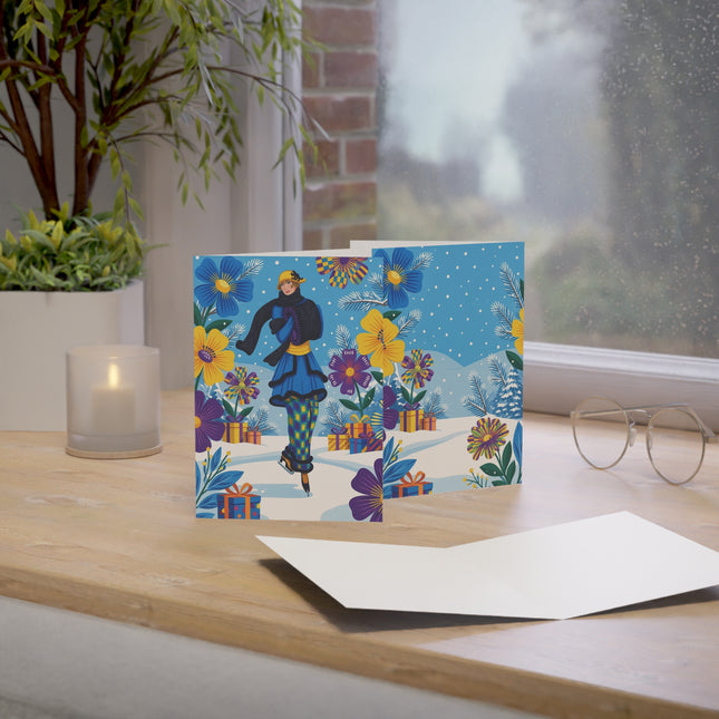 ⛸️🌸 The Lady Of The Winter Garden Greeting Card – Art Deco Holiday Whimsy