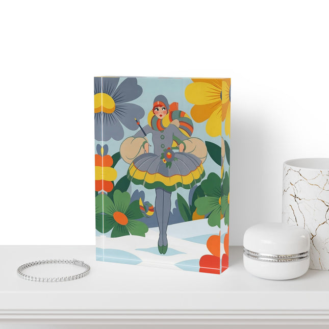 ❄️🌼 The Winter Flower Wanderer Acrylic Art Block – Colorful Art Deco Snow Fantasy