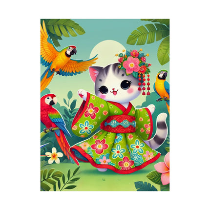 🦜🐱 Parrot Dance of the Geisha Kitten Matte Vertical Poster – Tropical Whimsy & Colorful Charm