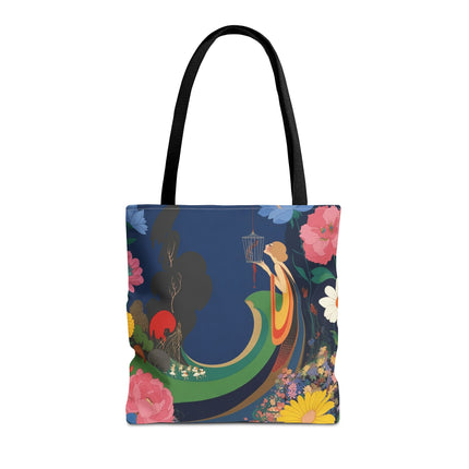🌙🐦 The Lady Of The Moonlit Birdcage Tote Bag – Art Deco Floral Fantasy