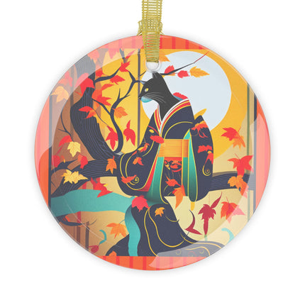 Black Cat in Kimono Glass Ornament