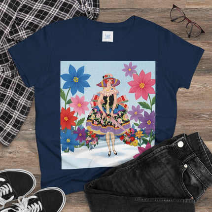 🌸❄️ The Winter Blossom Belle Cotton Tee – Art Deco Floral Fantasy