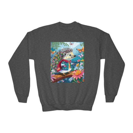 Cute Hedgehog Youth Crewneck Sweatshirt – Garden Adventure & Whimsical Charm