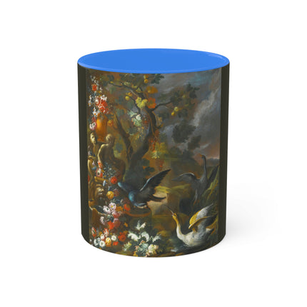 Still Life With Birds Beside An Ornate Fountain by Nicola Casissa Colorful Mugs, 11oz