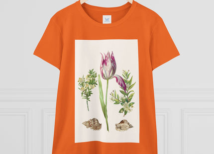 Tulip flower with Two Branches of Myrtle and Shells Cotton Tee