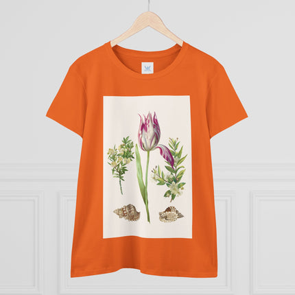 Tulip flower with Two Branches of Myrtle and Shells Cotton Tee