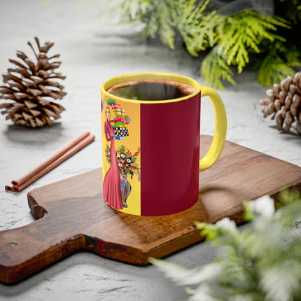 Elegant Holiday Woman with Gifts Colorful Mugs (11oz, 15oz)