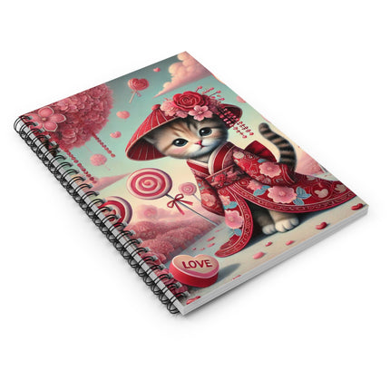 Whimsical Geisha Kitten in a Valentine Garden Spiral Notebook - Ruled Line