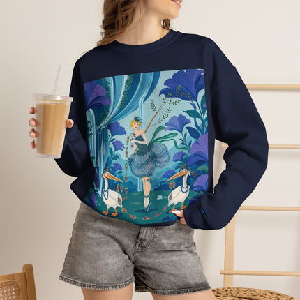 🪶🌺 The Pelican Garden Dance Crewneck Sweatshirt – Art Deco Botanical Whimsy