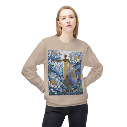 💙✨ The Lady Of The Gilded Blue Blossom Garden Midweight Crewneck Sweatshirt – Art Deco Floral Elegance