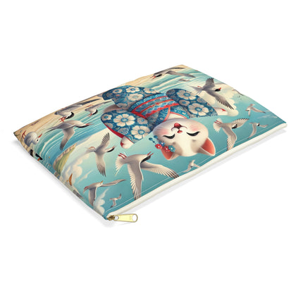 Geisha Kitten by the Seaside Accessory Pouch – Coastal Whimsy & Serene Grace