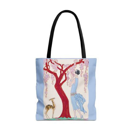 Woman, Fawn, and Red Tree by George Barbier Tote Bag (AOP)