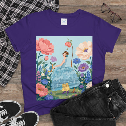 🌸🩵 The Blue Ruffle Garden Cotton Tee – Art Deco Floral Whimsy