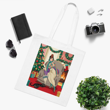 🔥🎄 The Lady Of The Christmas Hearth Cotton Tote Bag – Art Deco Holiday Warmth