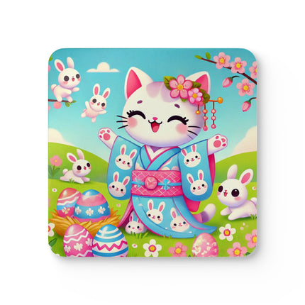 Springtime Kitten’s Easter Joy Corkwood Coaster Set