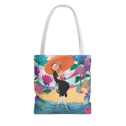 ☂️🌺 The Lady Of The Seaside Parasol Tote Bag – Art Deco Floral Fashion