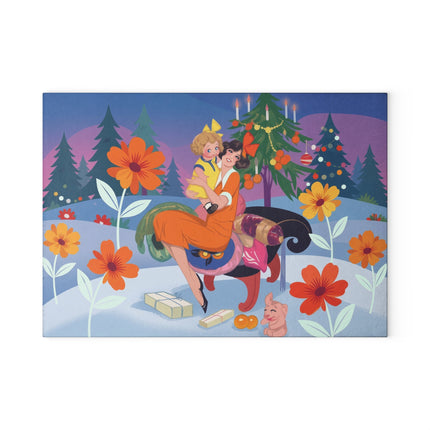 🎄🌸 Christmas Morning Embrace Glass Cutting Board – Whimsical Holiday Fantasy