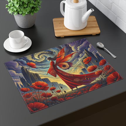 🌺🧚‍♀️ The Poppy Fairy in the Wind Placemat – Enchanted Scarlet Poppy Fantasy
