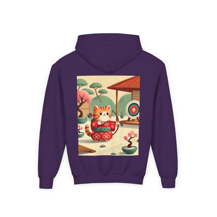 Archer Kitten in the Zen Garden Youth Hooded Sweatshirt – Calm Focus & Playful Strength