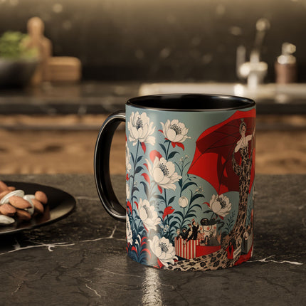 ❤️🌺 The Scarlet Parasol Spectacle Colorful Mug – Art Deco Fashion Elegance