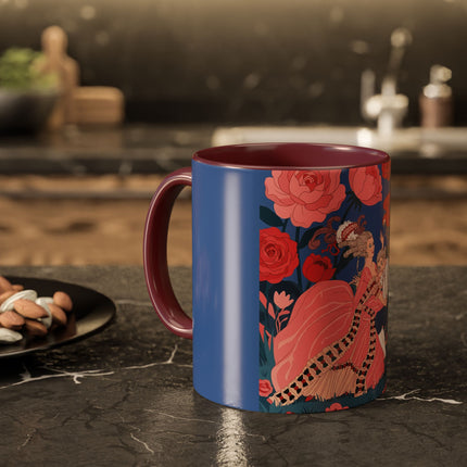 The Lady And The Scarlet Macaw Colorful Mugs – Art Deco Floral Elegance