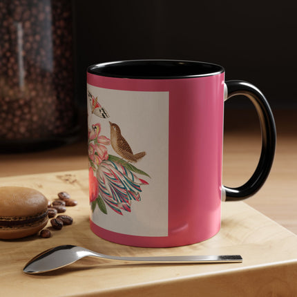 Pair of brown birds on bouquet with tulip, rose, and snapdragons, with butterflies by AnonymousAccent Coffee Mug, 11oz
