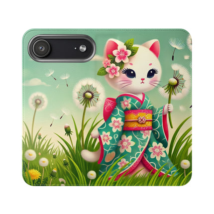 🌾🌼 Geisha Kitten and the Dandelion Wish Flip Case – Gentle Wishes & Quiet Wonder