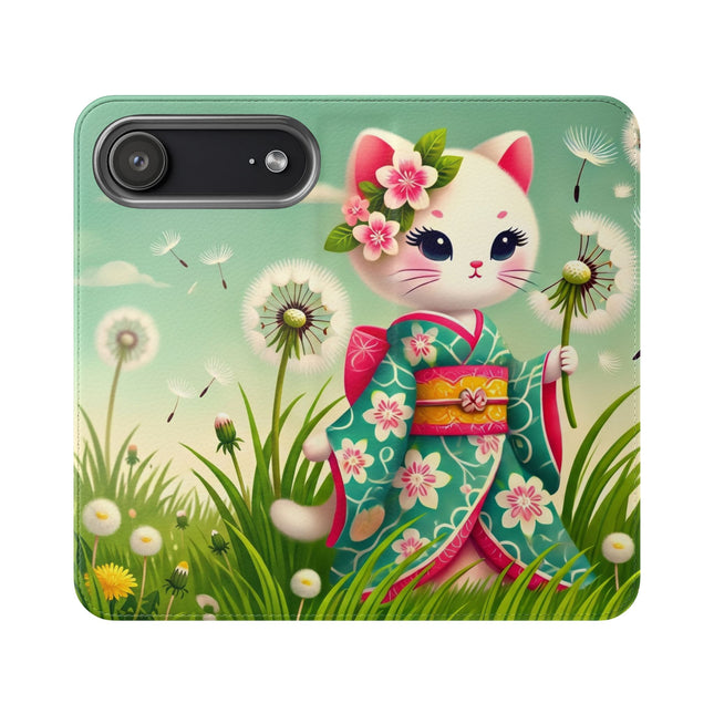 🌾🌼 Geisha Kitten and the Dandelion Wish Flip Case – Gentle Wishes & Quiet Wonder