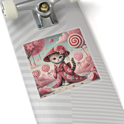 Whimsical Geisha Kitten in a Valentine Garden Kiss-Cut Stickers (4 Sizes)