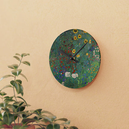 Farm Garden with Sunflowers by Gustav Klimt Acrylic Wall Clock, Round and Square