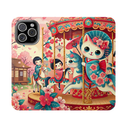 🎠🌸 Geisha Kitten's Enchanted Carousel Flip Case – Whimsical Dreams & Cherry Blossom Magic