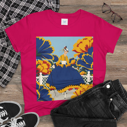 💙🌼 The Golden Petal Promenade Cotton Tee – Art Deco Floral Elegance