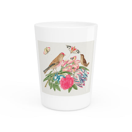 Pair of Brown Birds on Bouquet with Tulip, Rose, Snapdragons, and Butterflies by Anonymous Ceramic Shot Glass