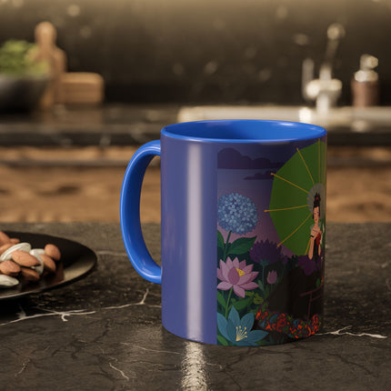 The Lady Of The Moonlit Needlework Colorful Mugs – Art Deco Crafting Elegance