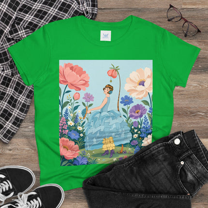 🌸🩵 The Blue Ruffle Garden Cotton Tee – Art Deco Floral Whimsy